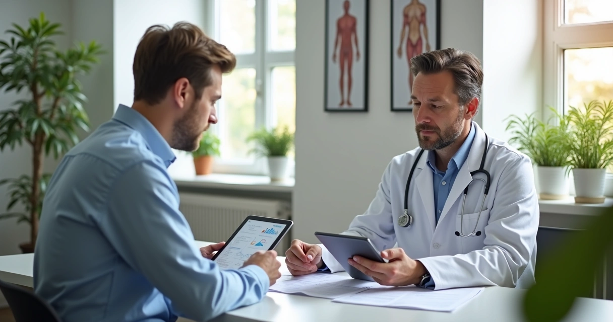 Médico orientando paciente em consulta sobre reposição hormonal 