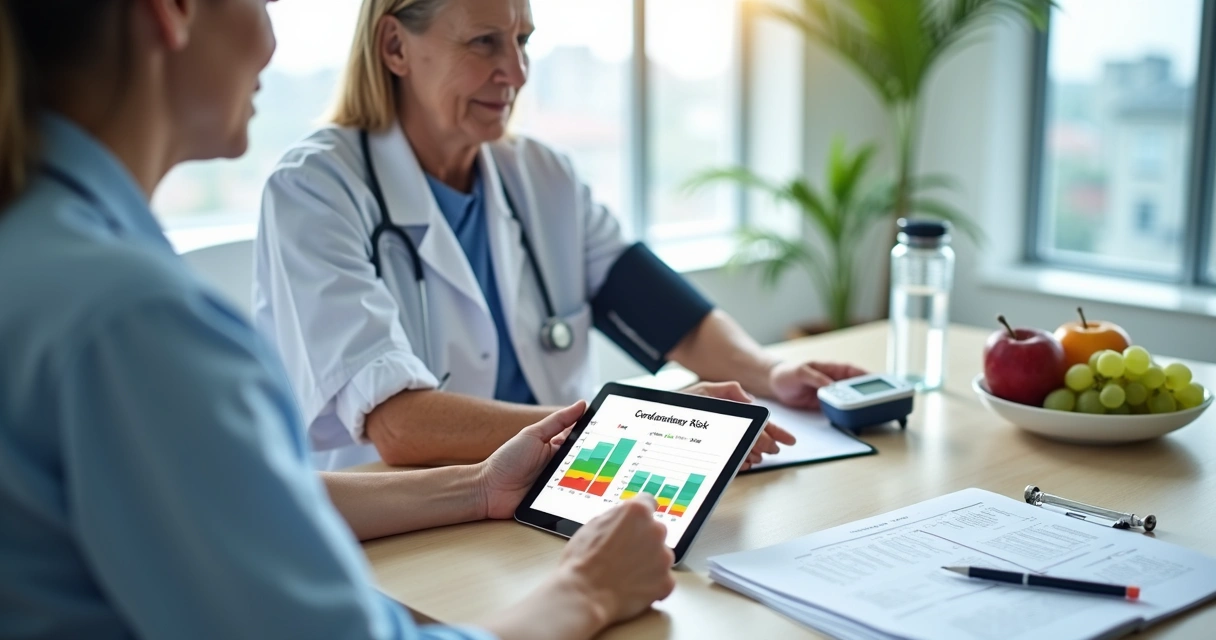 Médico e paciente analisando risco cardiovascular em consulta com tablet e estetoscópio 