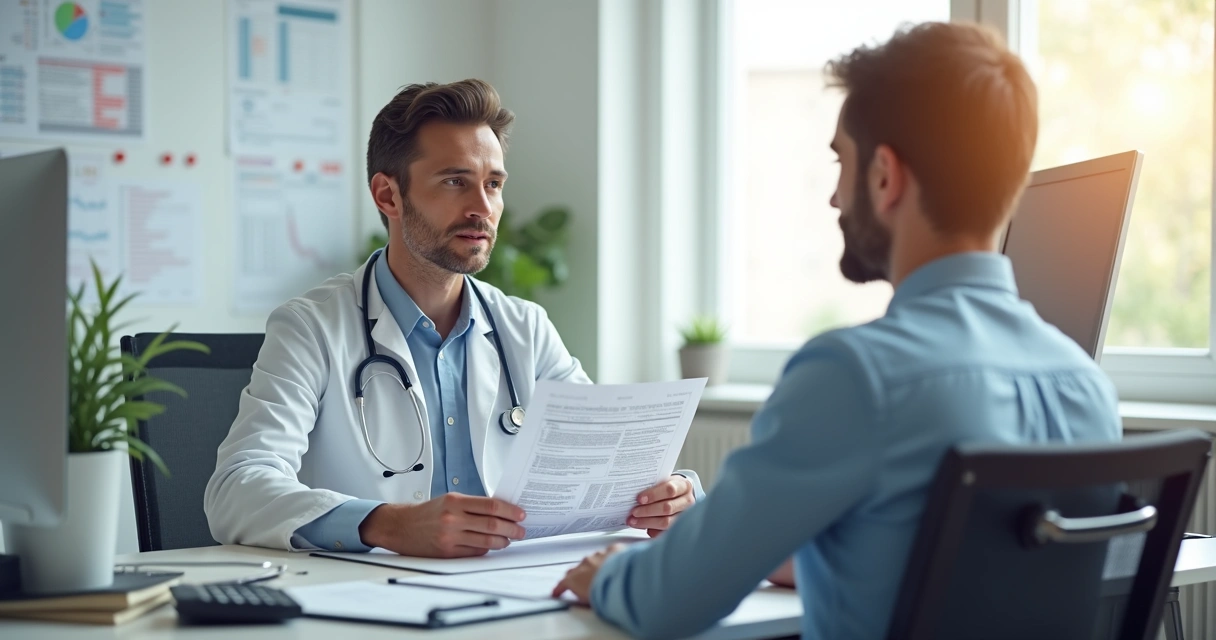 Médico em sala de consulta mostrando documentos para paciente sentado 