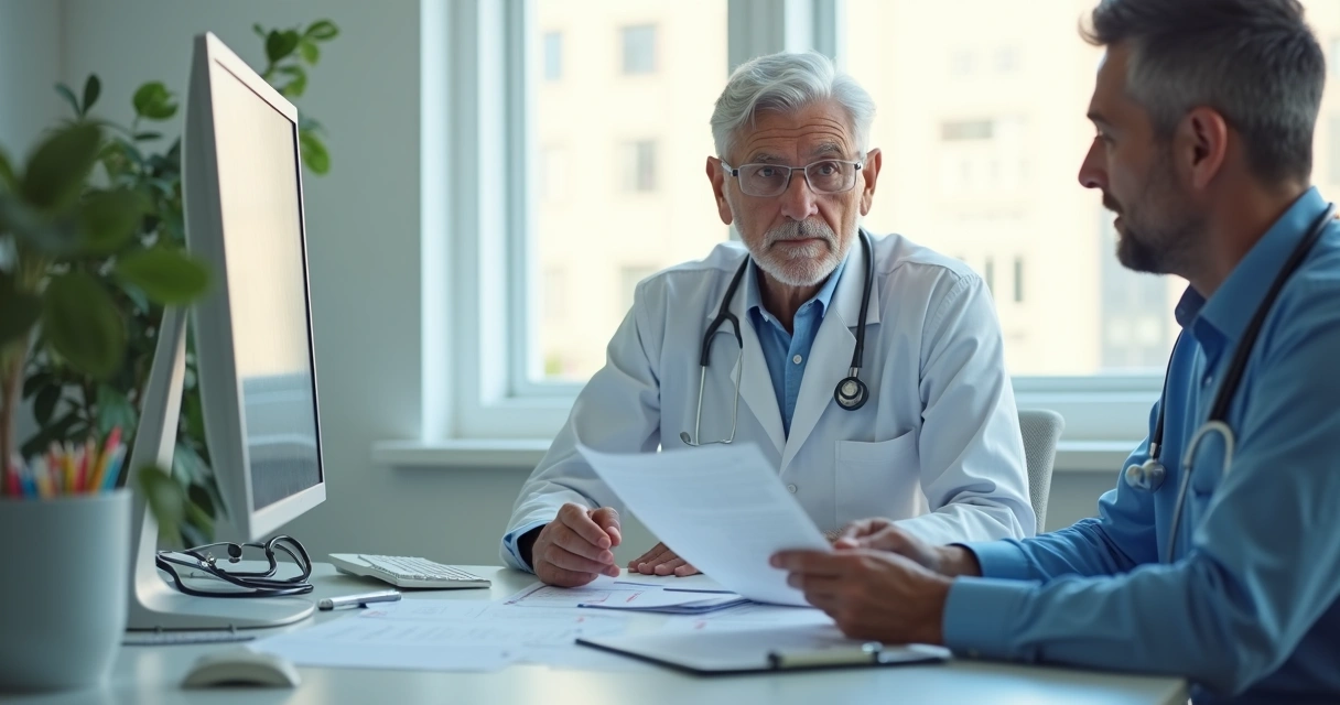 Paciente idoso em consulta médica analisando pronto-atendimento