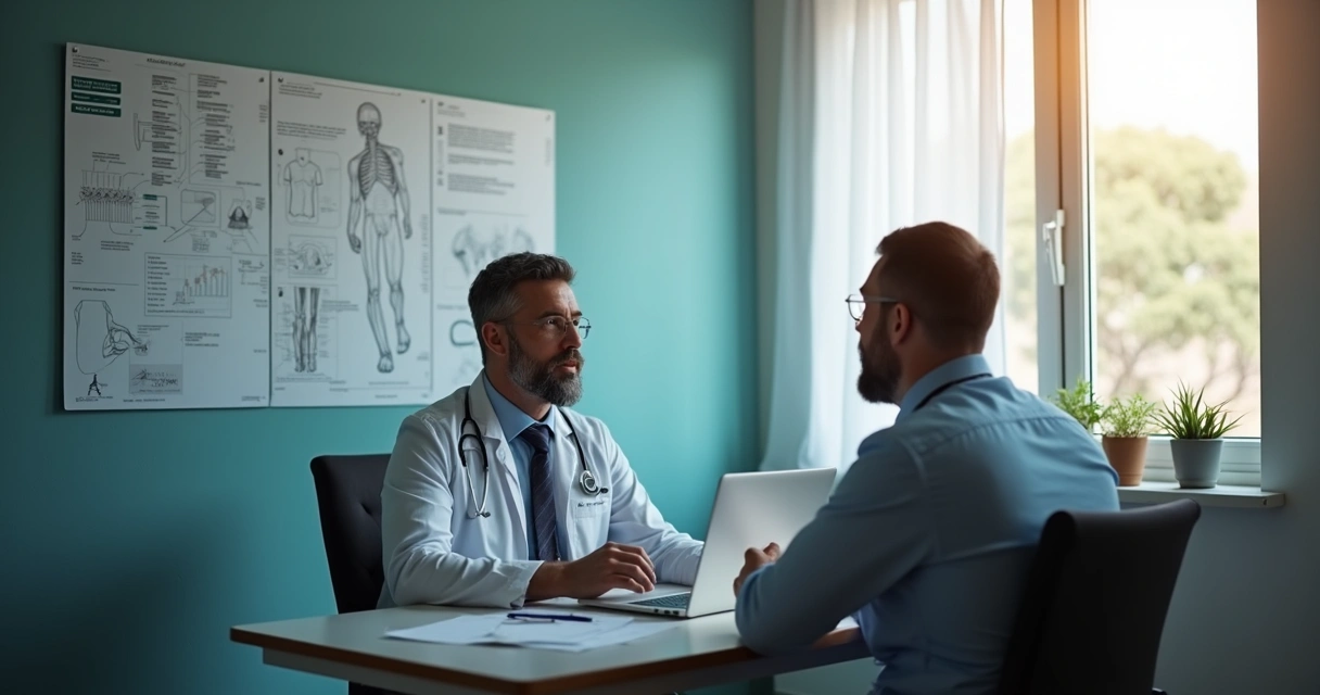 Paciente e médico discutindo cobertura de planos de saúde para tratamento de Peyronie 