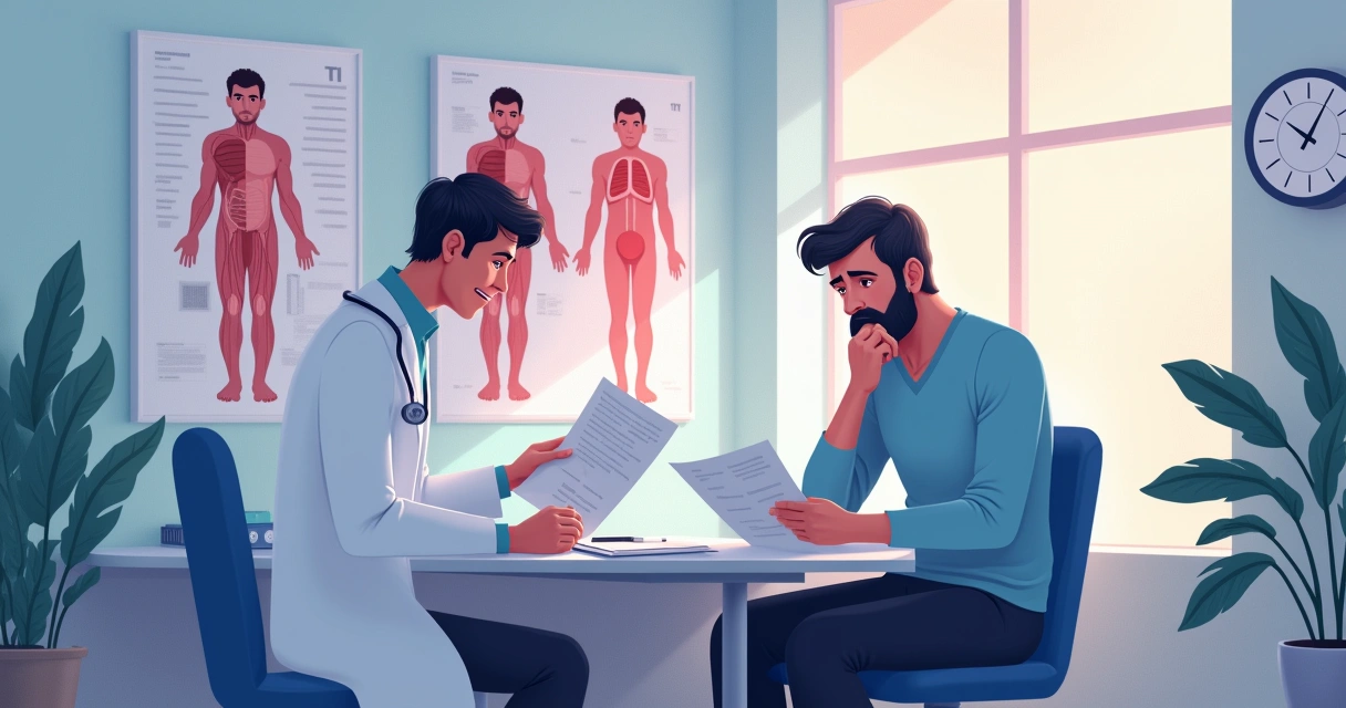 Homem preocupado em consulta médica, doutor analisando gráficos em consultório calmo.