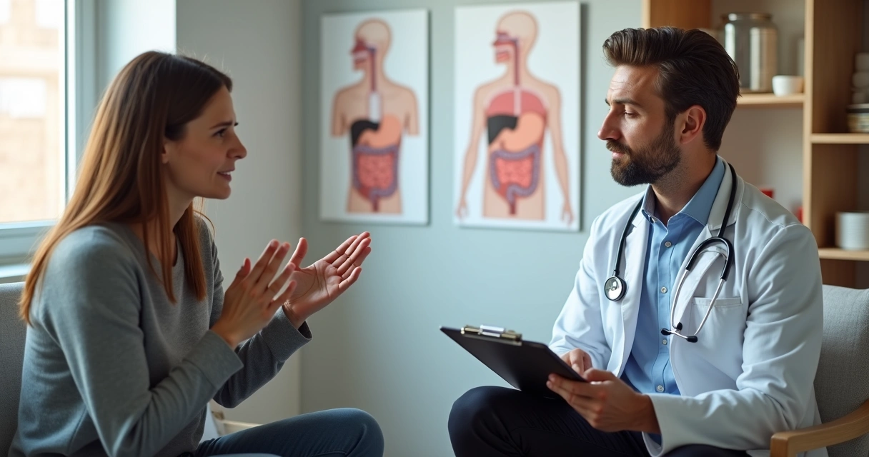 Paciente em consulta médica explicando sintomas relacionados à intolerância ao glúten com médico 