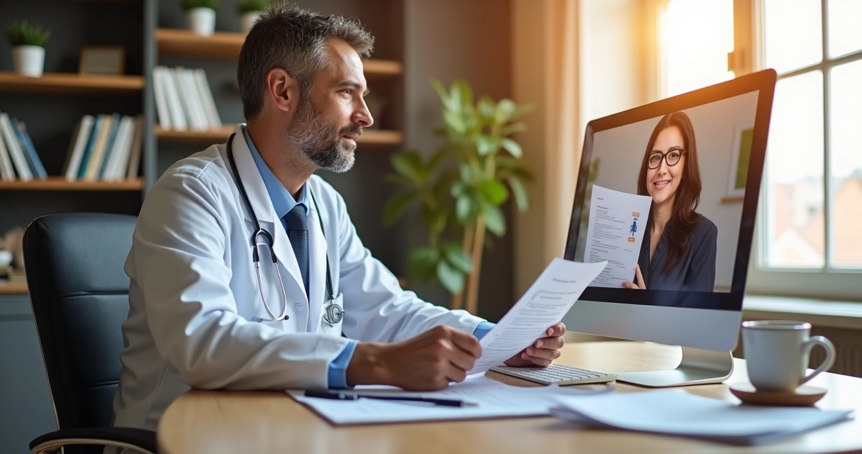 Médico em videoconferência com advogado revisando documentos 