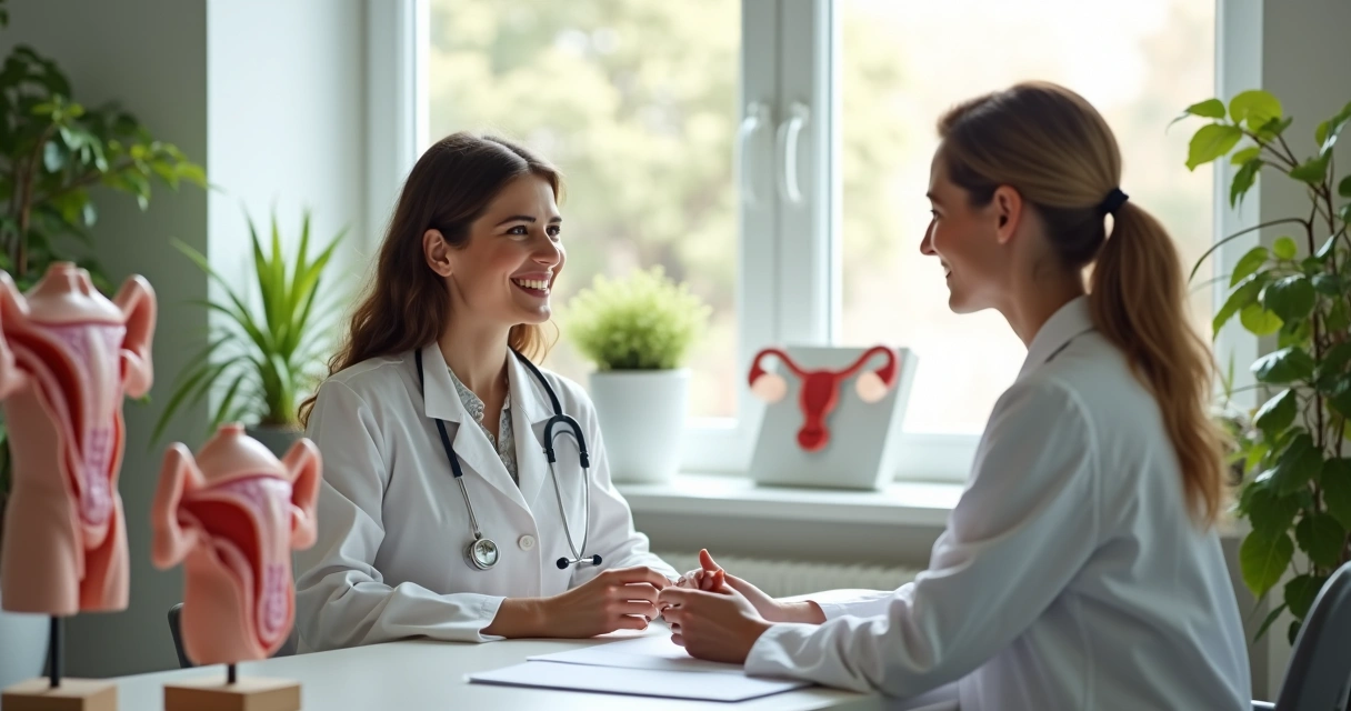 Mulher conversando com médica em consultório moderno, ambas sentadas