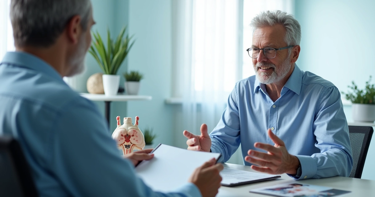 Homem conversando com médico em consultório sobre questões de saúde sexual 