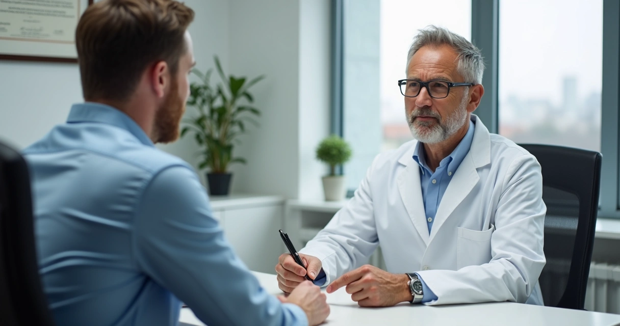 Médico urologista conversa com paciente em consultório moderno 