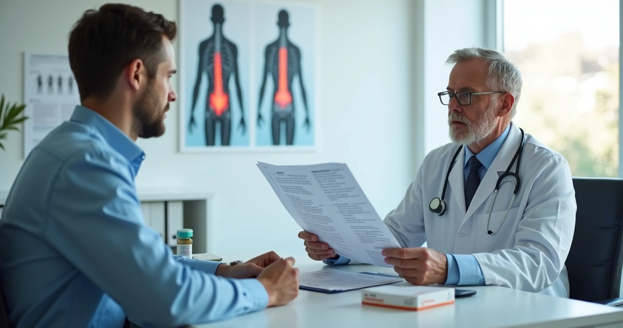 Paciente e médico em consulta analisando laudos clínicos