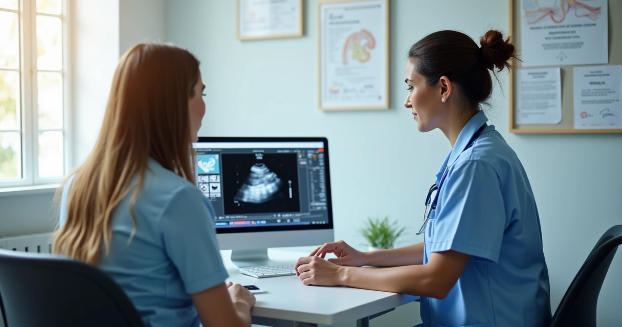Consulta médica para tratamento de varizes em consultório moderno, paciente e médica analisando exame 