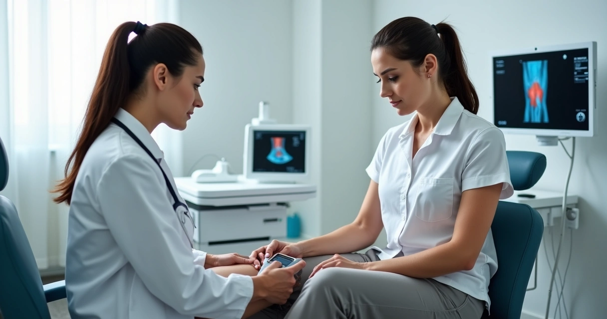 Médica realizando avaliação vascular em paciente no consultório moderno em Campinas com equipamentos de ultrassom e laser 