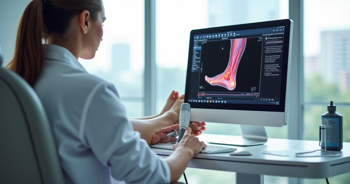 Médico realizando exame de ultrassom doppler em perna de paciente em clínica moderna 