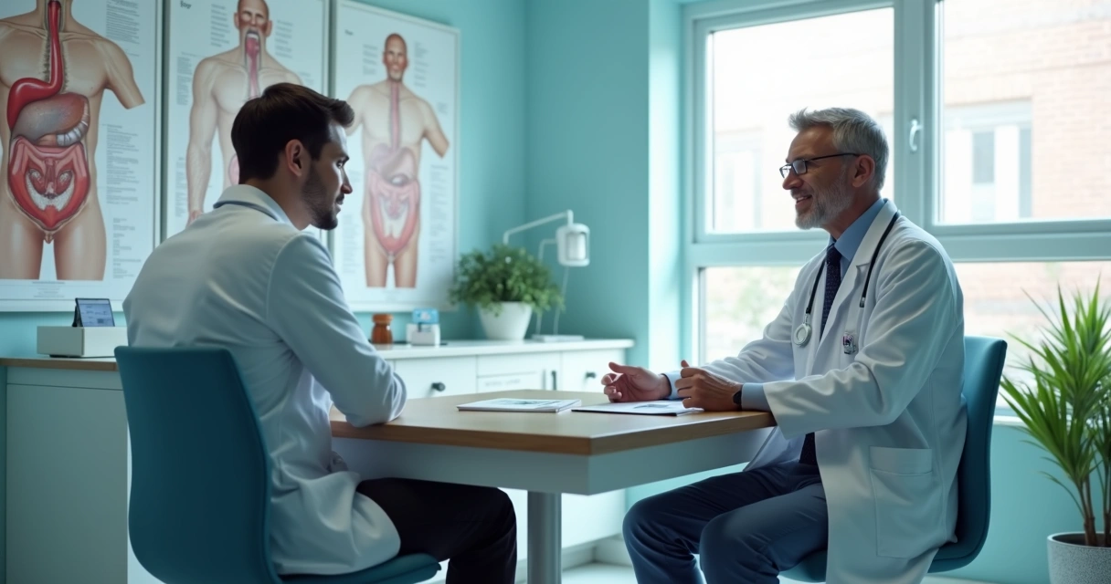 Paciente conversando com médico em consulta rápida para cirurgia urológica em ambiente hospitalar moderno 