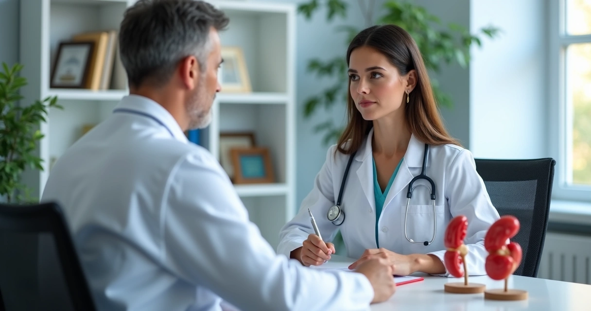 Médico realiza consulta urológica em consultório, paciente sentado à mesa 