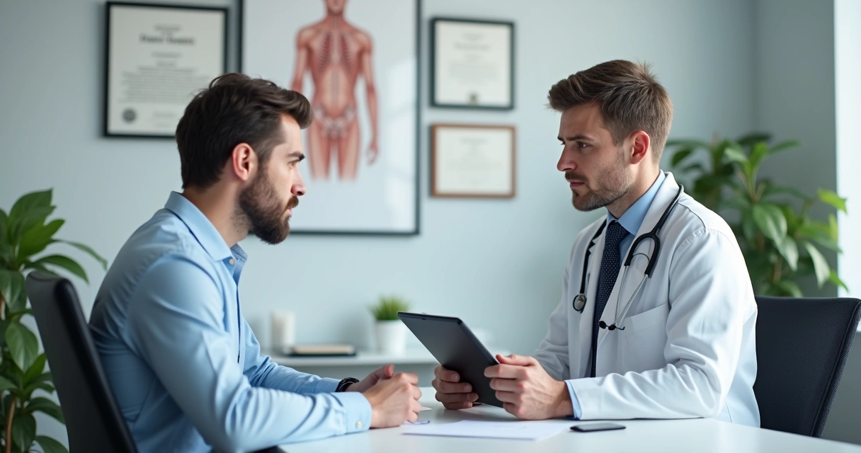 Médico urologista conversa com paciente sentado em consultório 