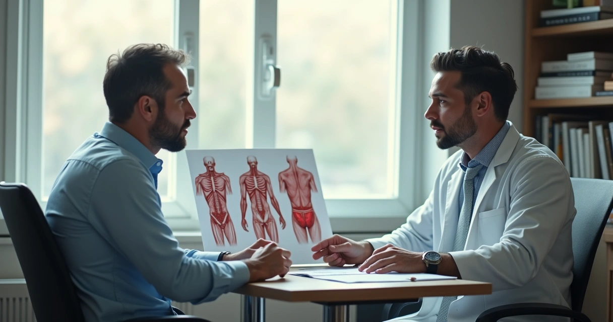 Médico urologista conversando com paciente em consultório 