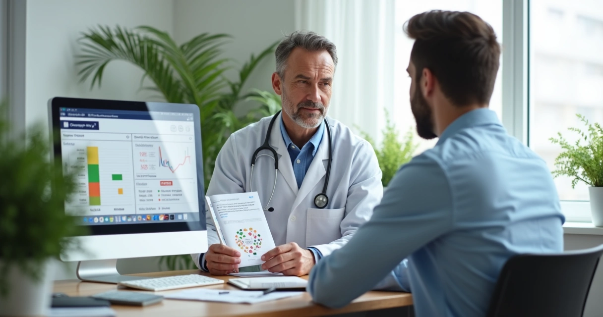 Consulta médica entre paciente e urologista, discutindo alimentação e exames 