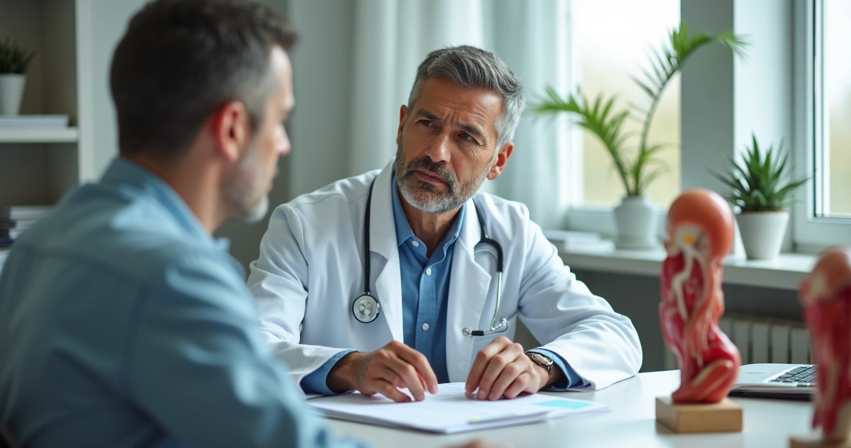 Urologista em consulta explicando tratamento para paciente 