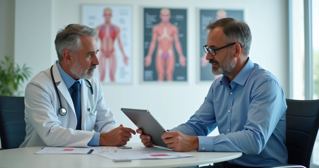 Ereções fracas Homem em consulta com urologista analisando exames em consultório. Ereções fracas