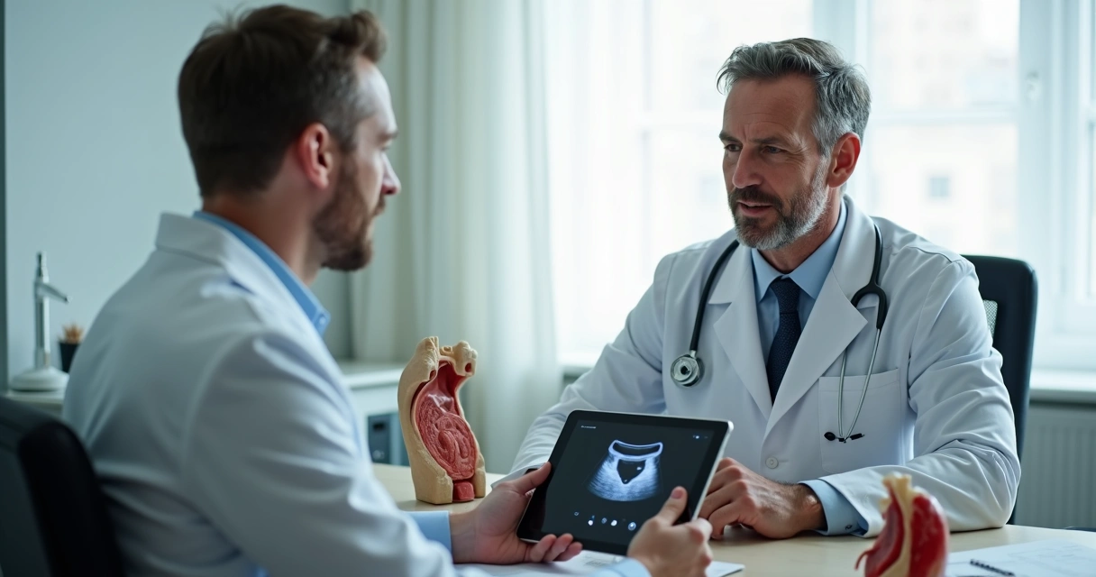 Urologista consultando paciente sobre varicocele 