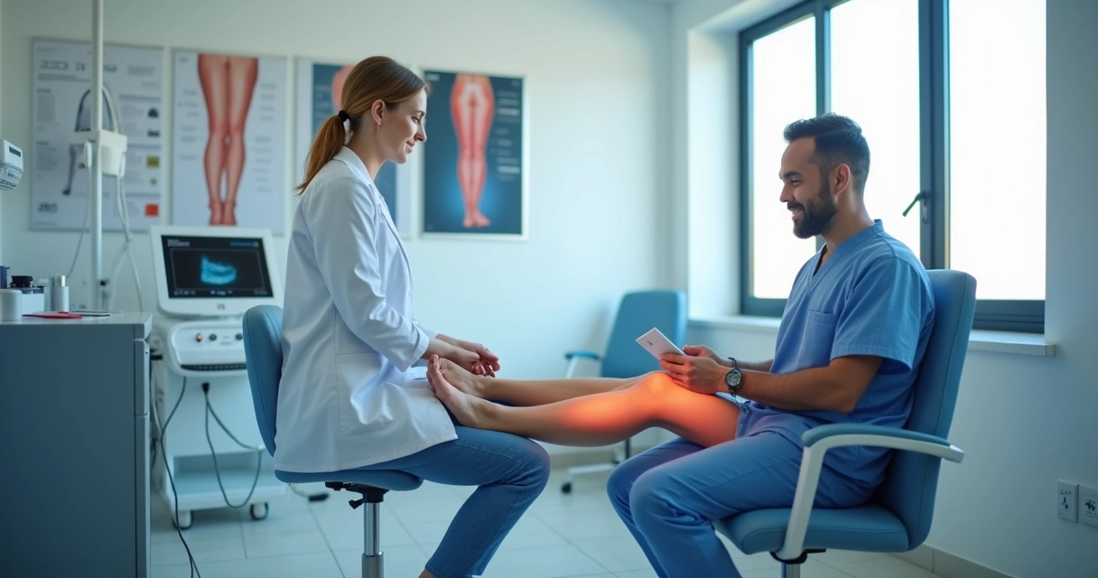 Paciente sentada com as pernas expostas e médico vascular em atendimento preciso com ultrassom e equipamento avançado 