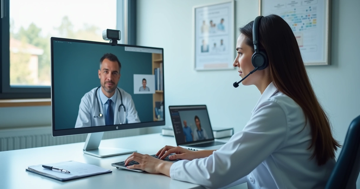 Médico em videochamada observando paciente na tela 