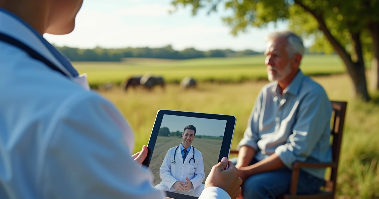 Médico atendeno paciente por videoconferência em zona rural 