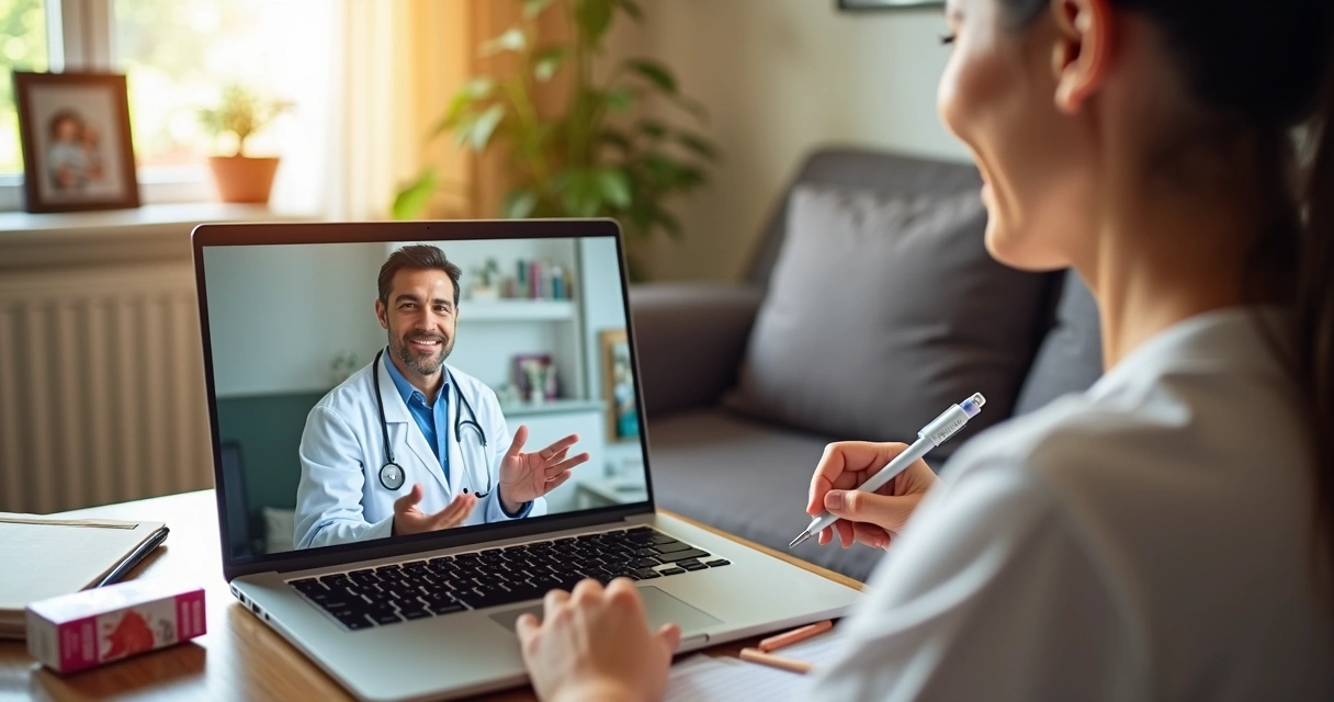 Médico e paciente em consulta online por vídeo em ambiente doméstico.