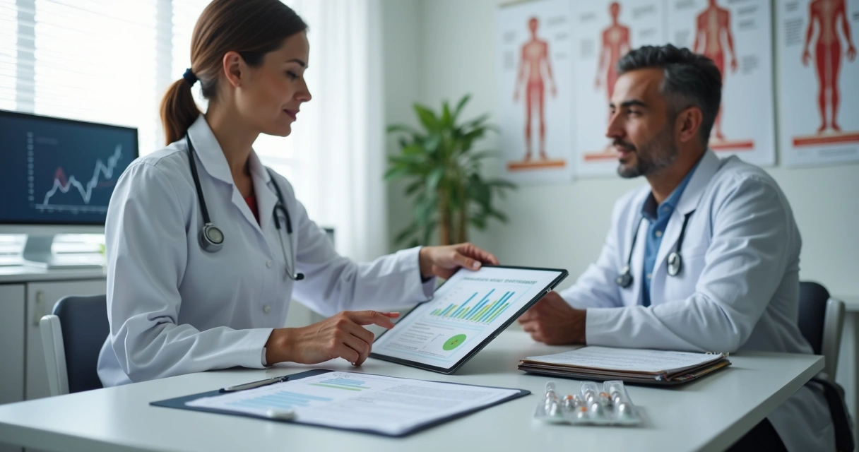 Médico explicando uso de medicação para emagrecimento a paciente em consultório 