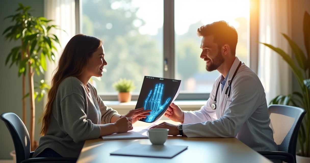 Pessoa consultando um médico após acidente, com papéis e laudo médico 