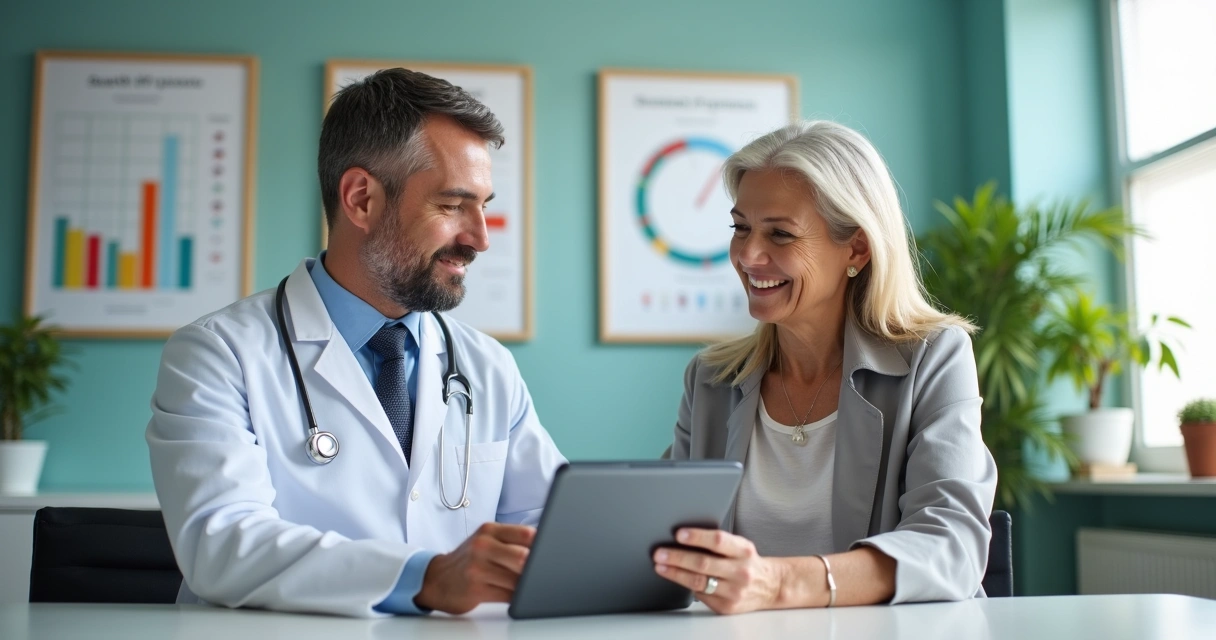 Médico analisando dados de wearable com paciente 