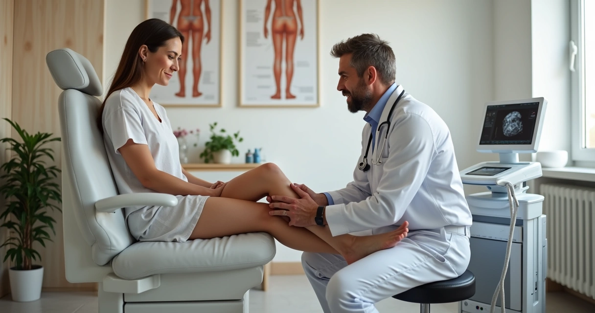Médico vascular examinando perna de paciente com varizes em consultório moderno 
