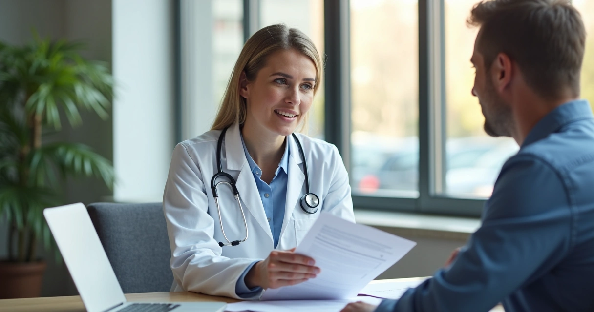 Médico mostrando exames a paciente em mesa de consultório