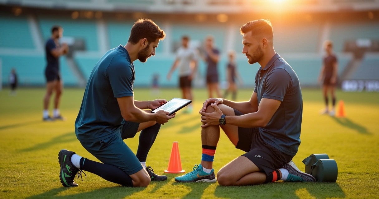 Médico do esporte avaliando atleta em campo de futebol com tablet e cones de treino 