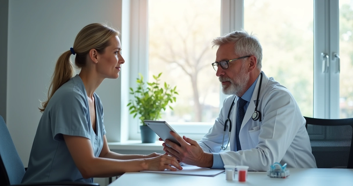 Médica analisando exame genético ao lado de paciente em consultório 