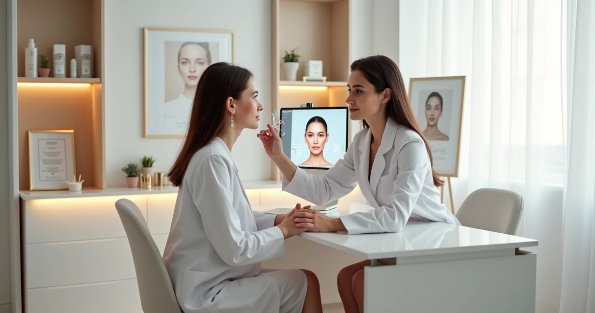 Médico avaliando simetria do rosto de paciente em consulta de harmonização facial 