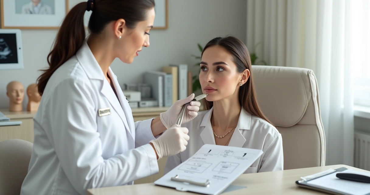 Médica examinando rosto de paciente em consulta de harmonização facial 