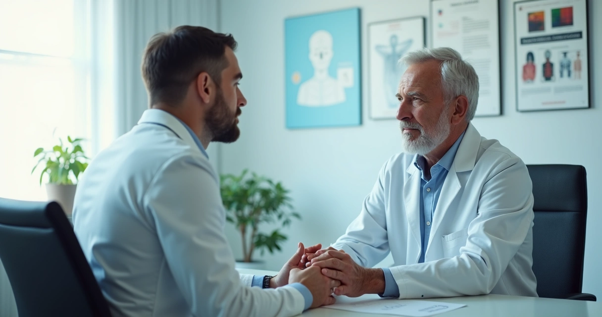 Médico conversando com paciente em consultório, ambos sentados, ambiente claro