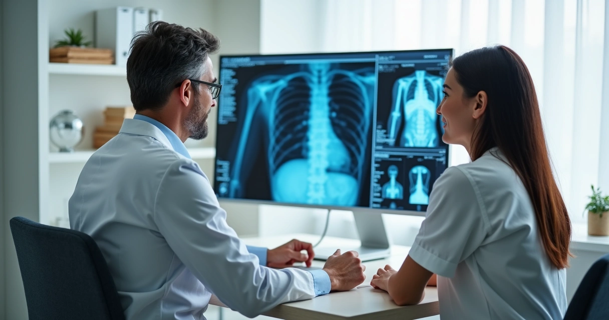Paciente em consulta médica em hospital, com médico mostrando exames em tela 