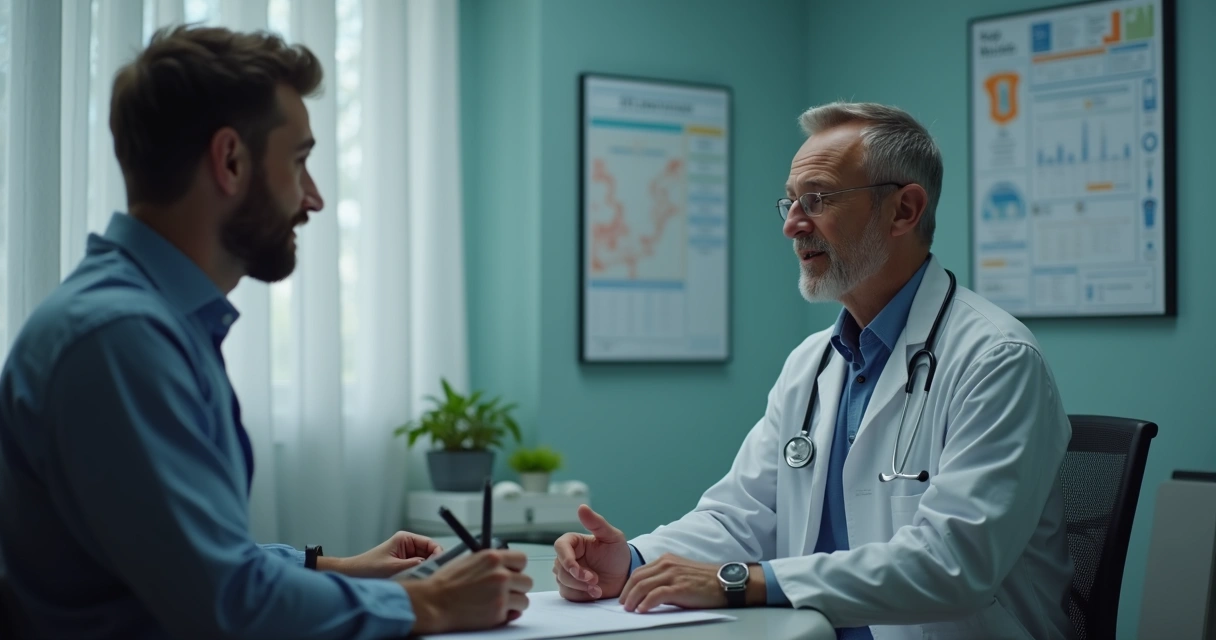 Homem conversando com médico em sala privativa 