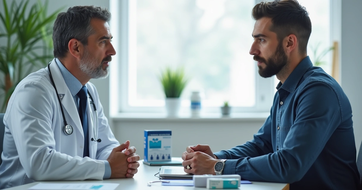 Consulta entre médico e paciente com documentos de laboratório sobre a mesa 