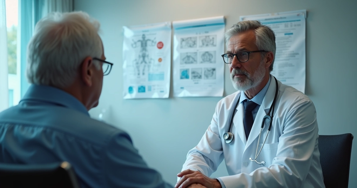 Oncologista e paciente durante consulta sobre tratamento 