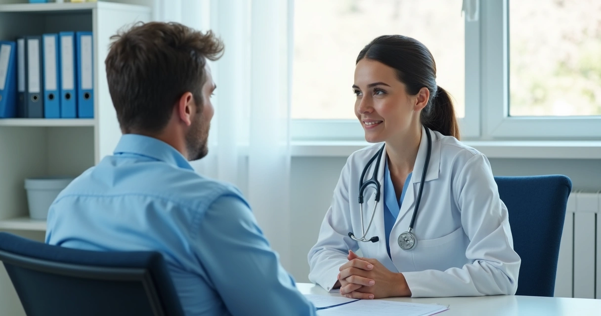 Médico conversando com paciente durante consulta, com expressão de escuta ativa 