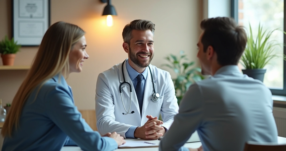 Médico sorridente conversando com paciente, ambos sentados numa sala de consultório acolhedora, mostrando relação de confiança 