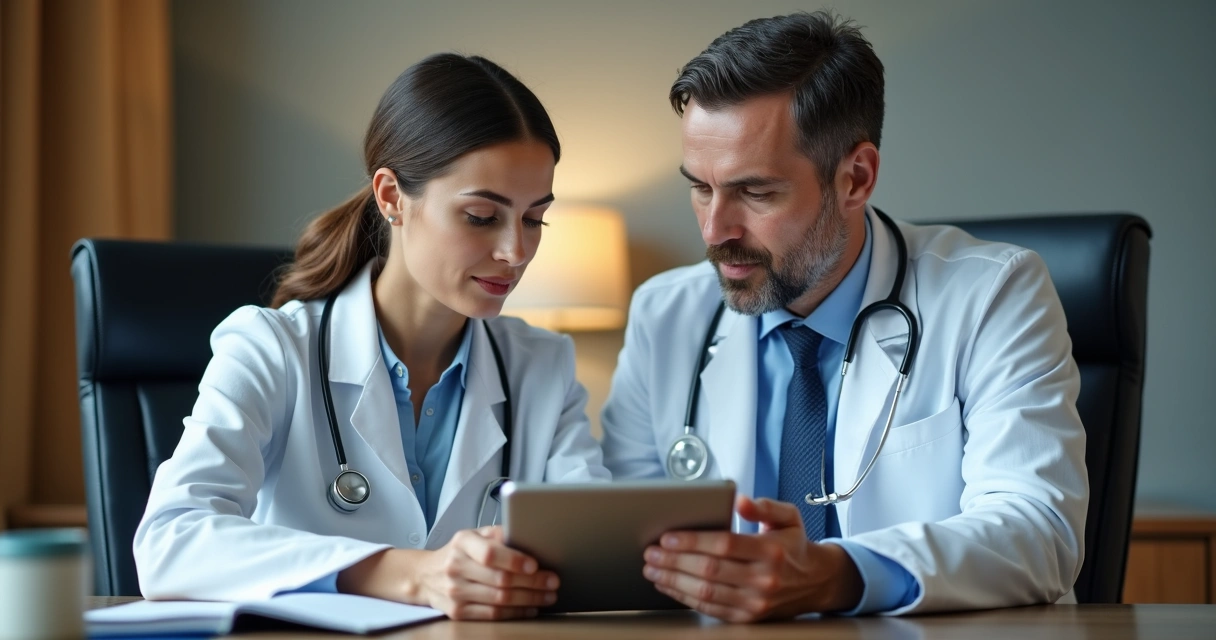 Médico e paciente olhando juntos para um tablet durante consulta 