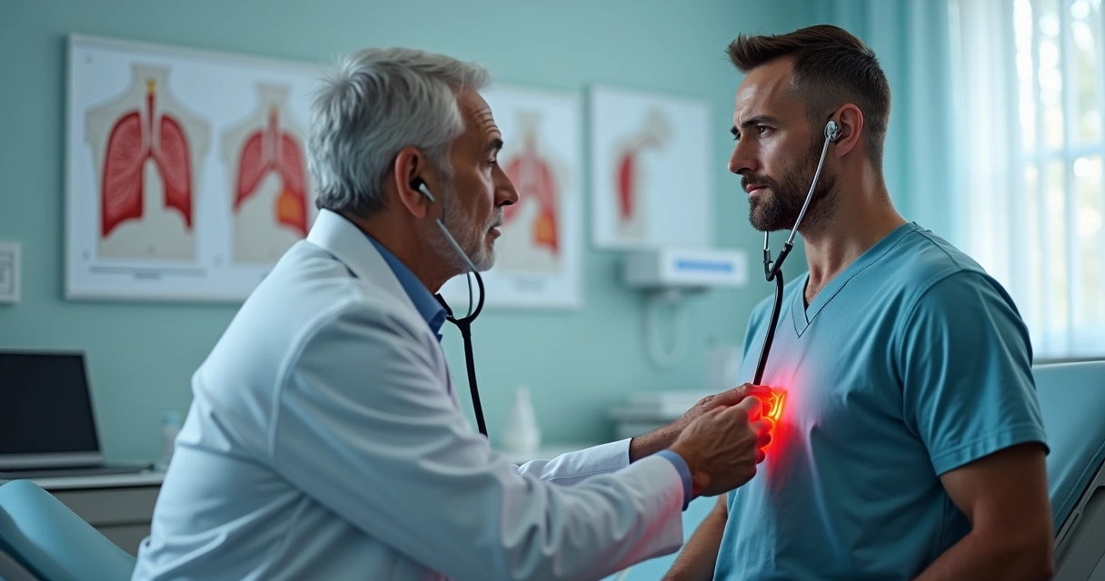 Paciente sendo examinado por médico respiratório, usando estetoscópio. 
