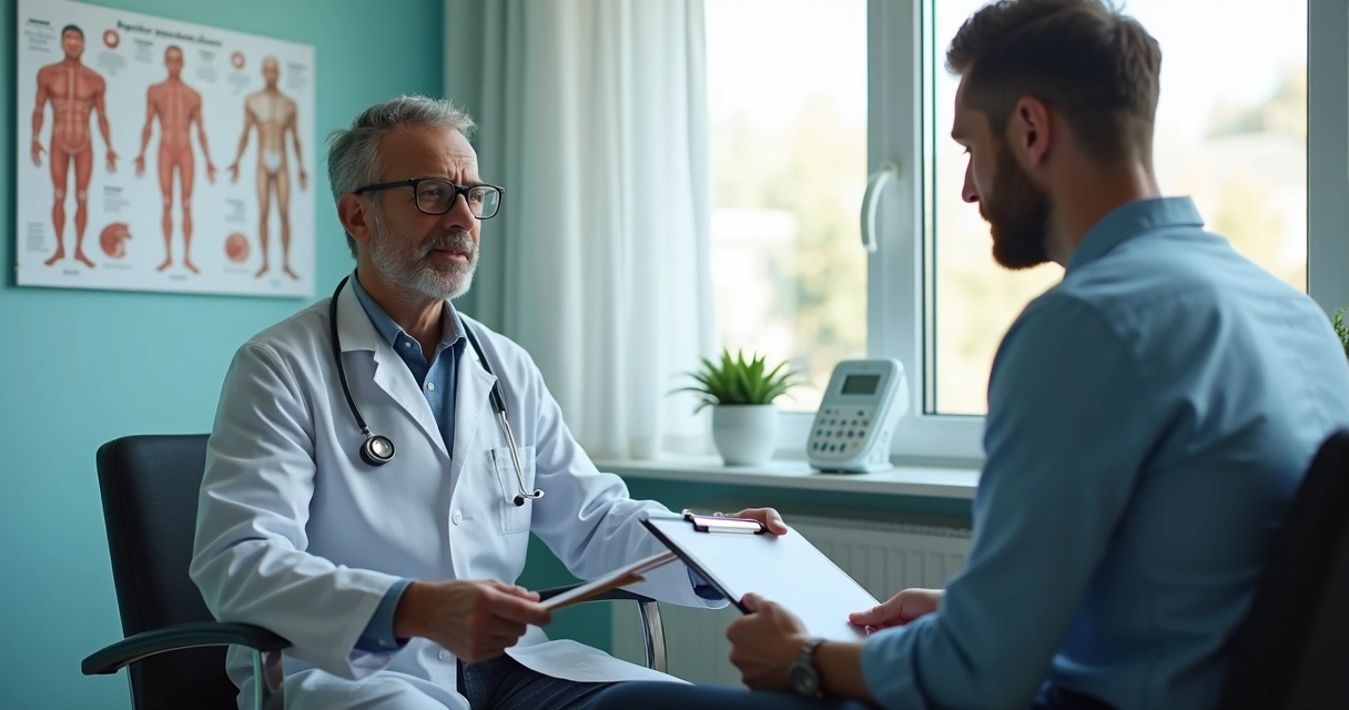 Paciente consultando médico em consultório moderno com estetoscópio e papéis médicos 