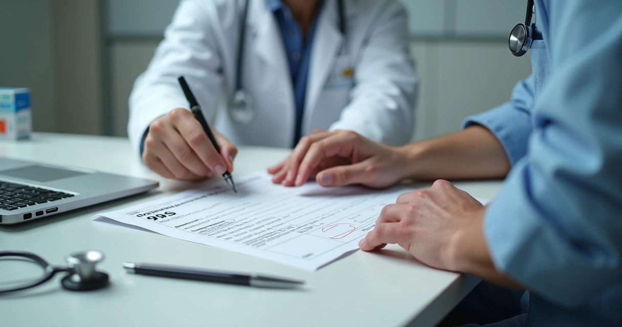 Paciente e médico analisando receita médica em consultório 