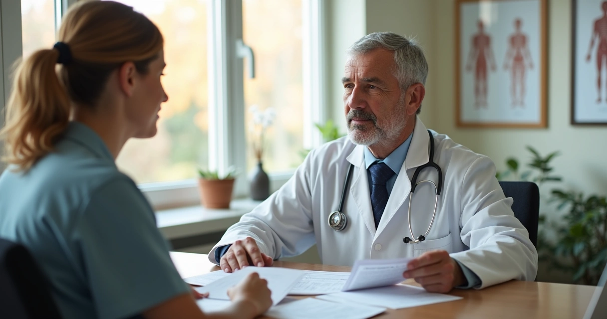 Consultório de urologista com paciente recebendo orientação