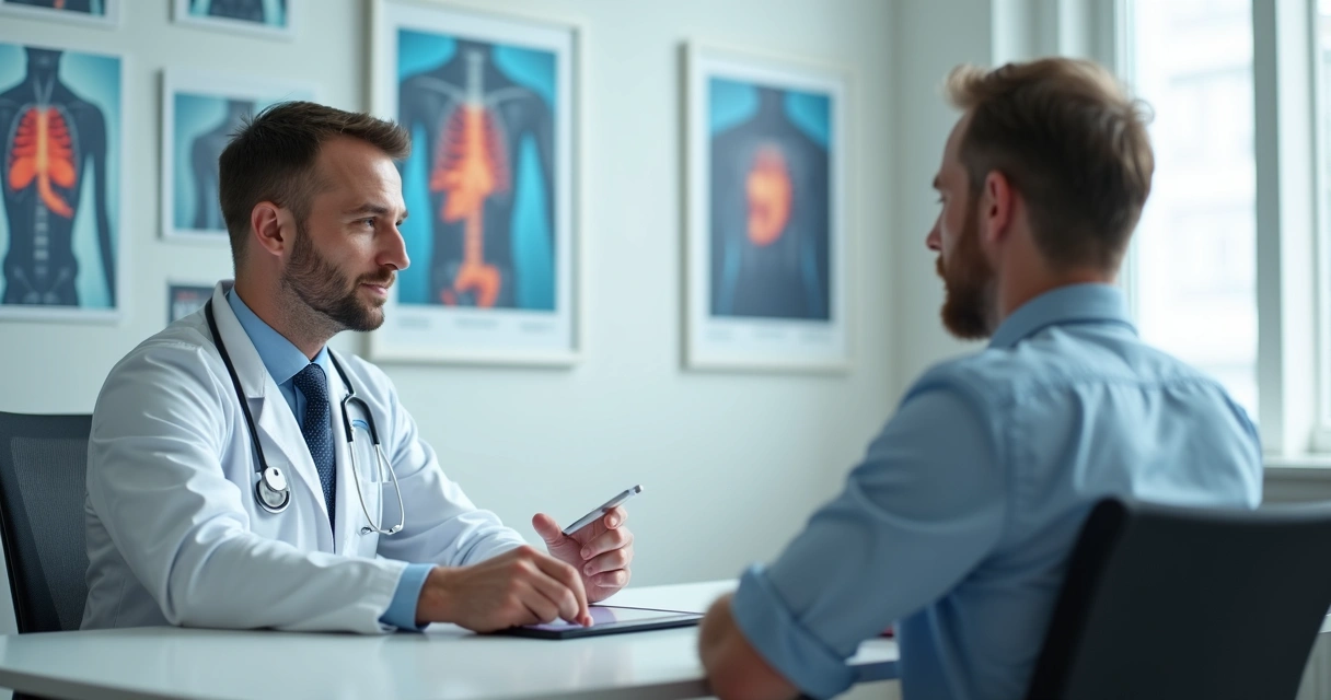 Médico urologista atendendo paciente em consultório moderno