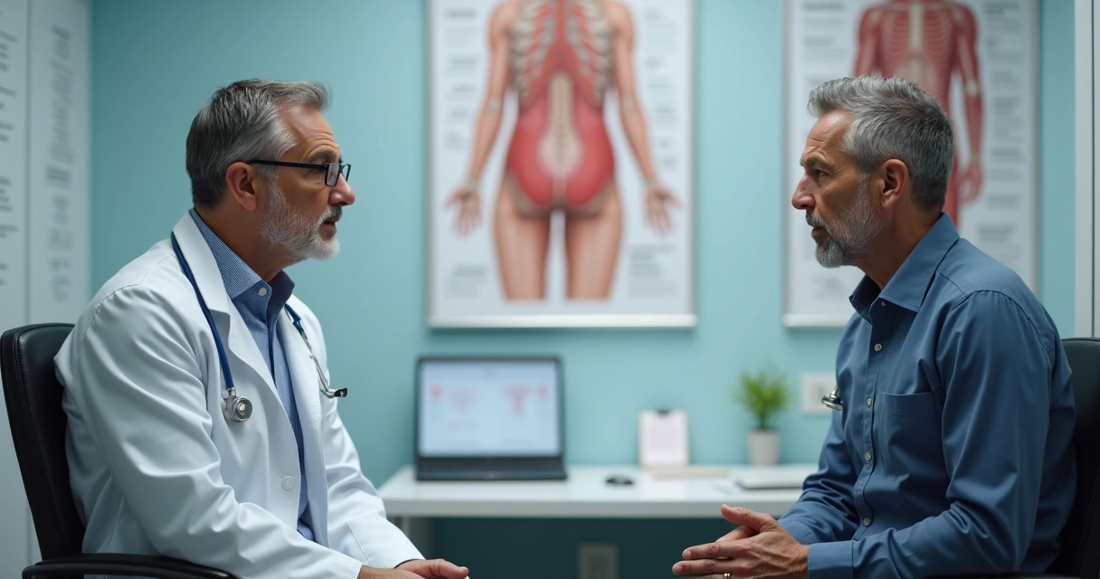 Homem conversando com urologista em consultório